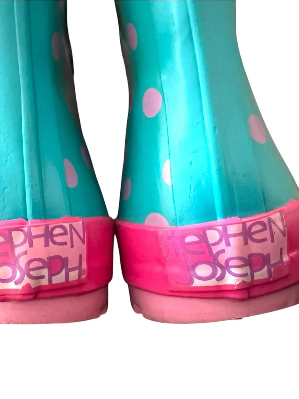 Stephen Joseph Kids Teal Pink Polka Dot Rain Boots with Owl Flowers Childs 12